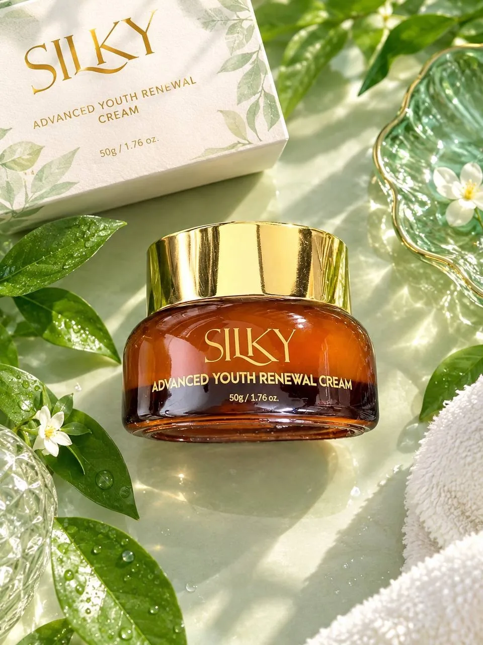 SILKY Advanced Youth Renewal Cream in a gold-lidded jar with its original packaging
