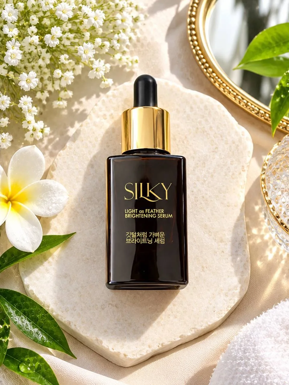 SILKY Light as Feather Brightening Serum in an amber dropper bottle with white flowers