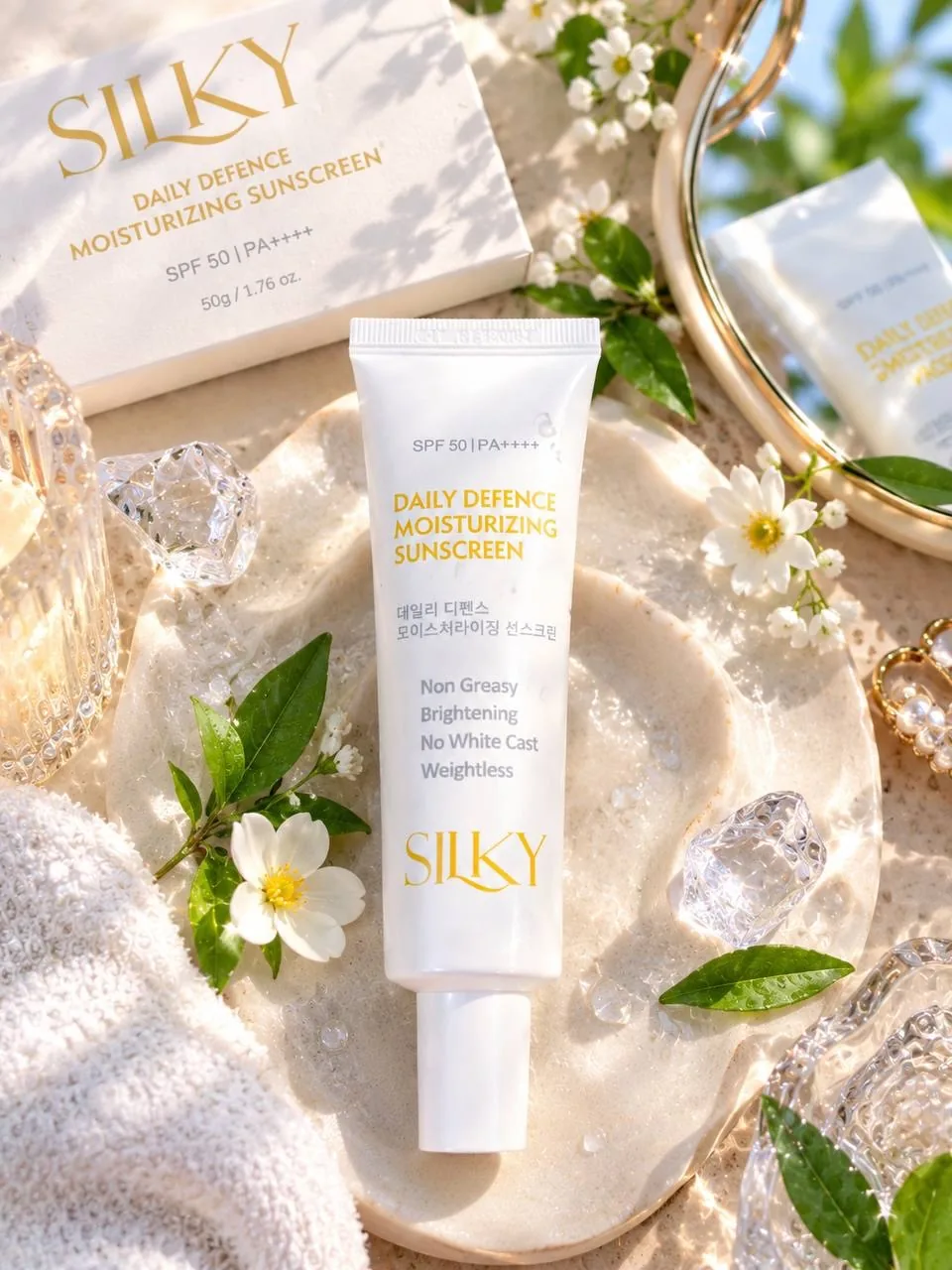 SILKY Daily Defence Moisturizing Sunscreen and its SPF 50 PA++++ packaging among white flowers