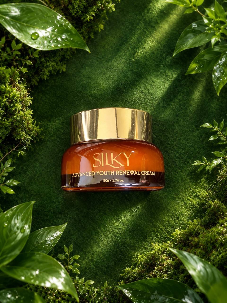 The SILKY amber cream jar with its gold lid, surrounded by fresh green leaves